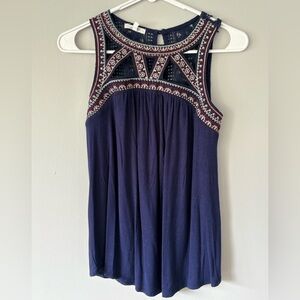 Embroidered Navy Sleeveless Top
